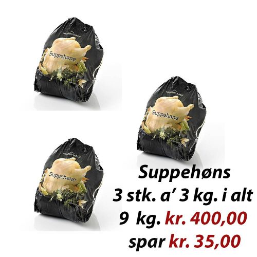 Herregårds Suppehøns 3 stk. i alt 9 kg.