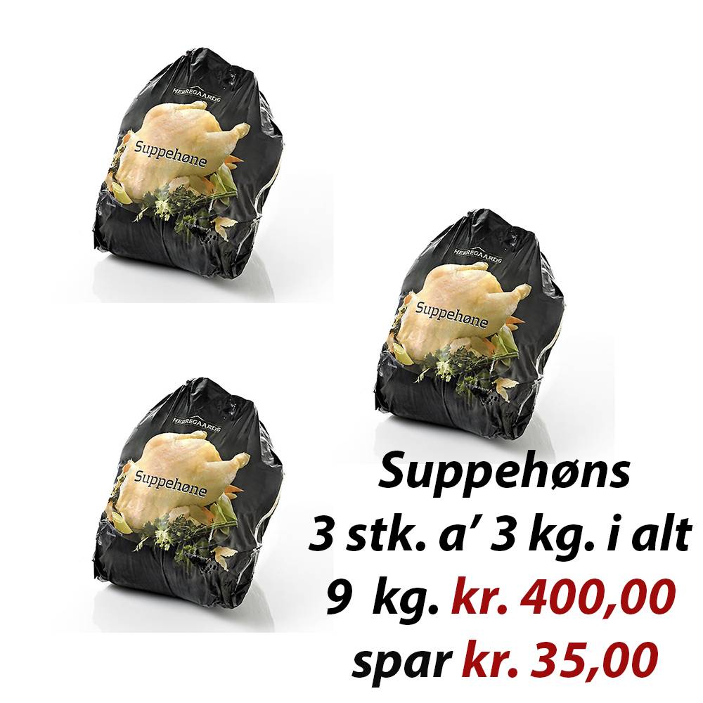 Herregårds Suppehøns 3 stk. i alt 9 kg. 1 Herregårds Suppehøns 3 stk. i alt 9 kg.